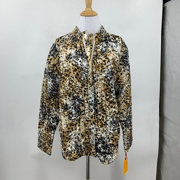 Ruby Rd Satin Crinkle Jacket Womens Plus 1X Leopard Print Zip Up Mock Neck Lined - Picture 2 of 13